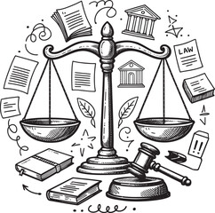 Law Justice Scales and Legal System Doodle