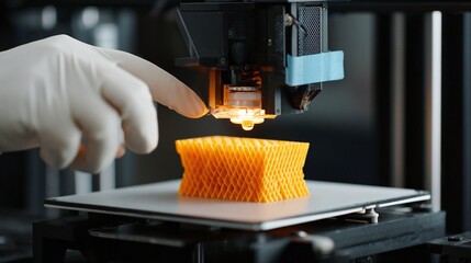 3D printer creates an intricate structure with precision. A gloved hand guides the process, showcasing innovation and craftsmanship in additive manufacturing.