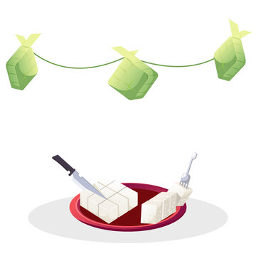Sliced Ketupat on a Plate with Fork and Knife for Eid al-Fitr Celebration Hanging Ketupat Decoration Ornament