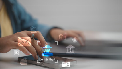 Smartphone user facing identity theft attack with hacker icon. Cyber security concept about...
