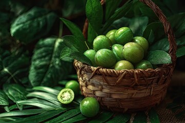 A woven basket overflows with green fruit, surrounded by lush foliage