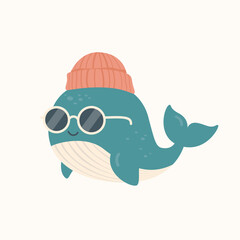 An adorable hand-drawn vector of a cool whale wearing sunglasses and a pink beanie. Perfect for nursery wall art, children's apparel, and fun stickers