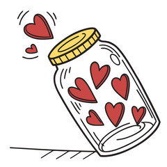 A simple, hand-drawn doodle illustration of a glass jar filled with red hearts.