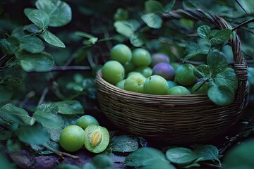 A wicker basket overflows with green plums, nestled among lush foliage