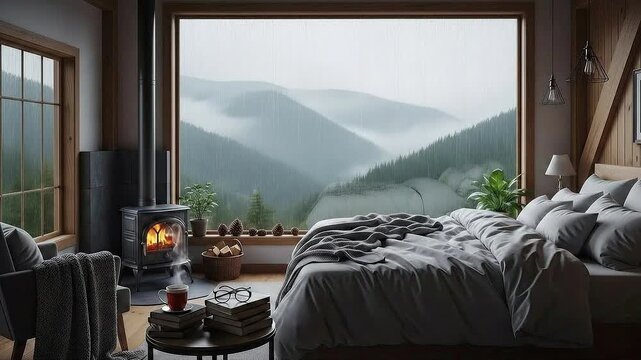 Relaxing luxury mountain cabin interior loop with rain pouring outside the panoramic window and a warm, crackling wood stove fire providing a hygge atmosphere.
