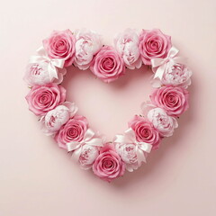 Heart shaped from pastel pink colors flowers  roses and peony arrangement  top view on pale pink  background. Wedding, holiday, valentine's day, birthday, mother's day concept.Copy space card