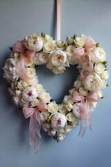 Heart shaped from pastel white color flowers roses and peony arrangement on pale blue background. Wedding, holiday, valentine's day, birthday, mother's day concept.Copy space. card