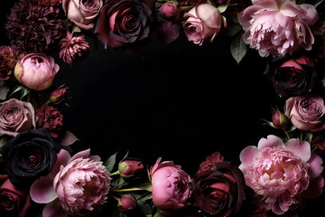 Flowers frame card mockup on black background,  Space for text.Floral border from pink peonies, bordo roses  .Holiday background. Vintage floral, dark flower