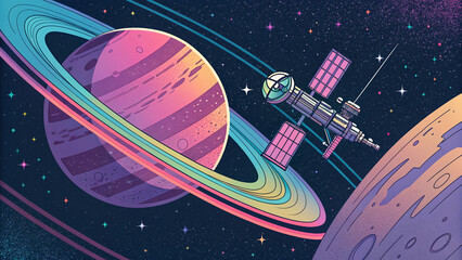 70s style retro-futuristic vector of a space station orbiting a neon planet, chrome textures, grain effect, nostalgic but modern.
