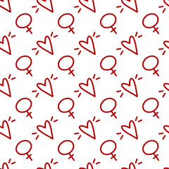 Female gender symbols and hearts seamless pattern