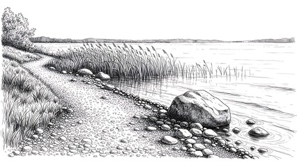 Detailed black and white ink drawing depicting a winding lakeside path bordered by reeds and smooth river stones.