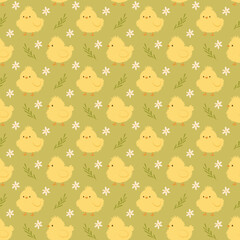 Easter chicks and spring flowers seamless pattern