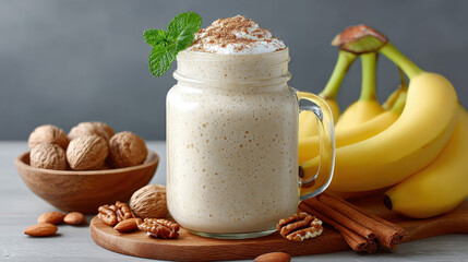 High-protein vegan smoothies, Creamy banana smoothie topped with nuts and mint leaves, served in a glass jar with fresh bananas and nuts in the background.