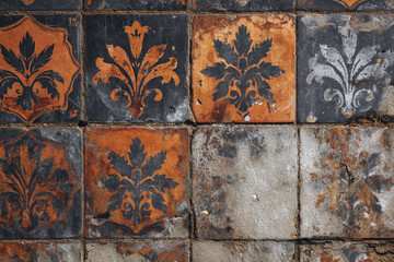 weathered ornate tiles with floral patterns and cracked texture