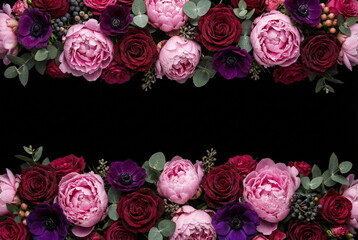 Flowers frame card mockup on black background, Space for text.Floral border from pink peonies, bordo roses .Holiday background. Vintage floral, dark flower