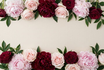 Flowers frame background. Card blank mockup with space for text. Pale pink peonies, roses, bordo peones, white ranuncylus on pale beige background. Greeting card , floral card, holiday background