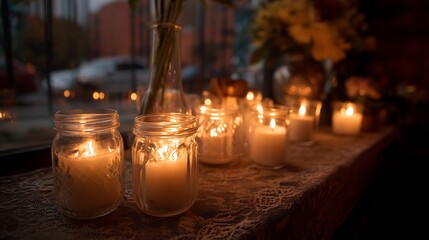 Soft glow of lit candles in mason jars on a window sill, with blurred background