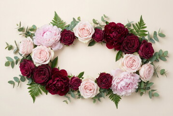 Flowers background mockup card. Space for text. Pale pink peonies, roses, bordo peones, leaves on pale beige background. Holiday background