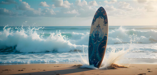Surfboard resting against sandy beach surface near the shoreline, minimal coastal leisure scene suggesting surfing culture, outdoor recreation, summer travel mood, and seaside lifestyle