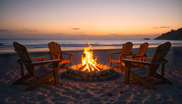 Beach fire pit surrounded by chairs on sandy shoreline, relaxed coastal lifestyle scene for outdoor gatherings, warm atmosphere, leisure travel mood, and seaside evening setting