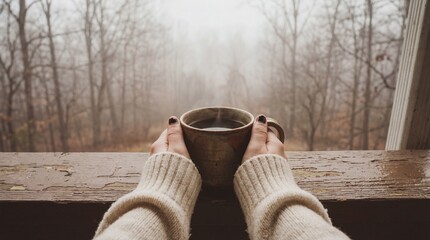 Cozy Hands Holding Steaming Coffee Mug on Wooden Railing in Misty Winter Forest