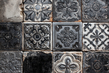 an aged collection of weathered vintage tiles featuring intricate floral and geometric patterns in shades of gray and black