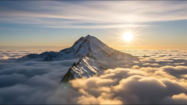 Breathtaking sunrise above thick clouds with mountain peak, aerial view of natural landscape, hope and future concept