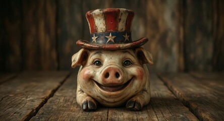 charming ceramic pig wearing a patriotic uncle sam hat on rustic wood background