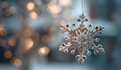 A detailed image of a hanging silver snowflake with blurred lights in the background