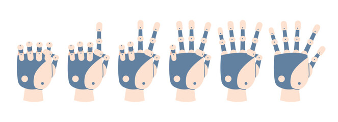 Robot arm count. Robotic hands point numbers from zero to five. Android arms different gestures. Counting teaching for child, recent vector set