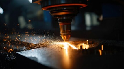 An action shot capturing the moment a laser beam precisely melts metal powder to form a turbine nozzle layer emphasizing the innovative technology behind hybrid manufacturing.