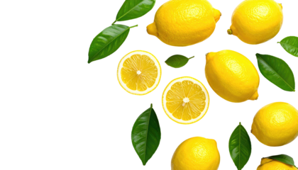 Overhead shot with vibrant lemons and green leaves artfully arranged against a solid black backdrop, creating visual contrast