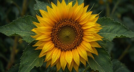 Obraz premium golden sunflower in bloom with water droplets on petals and leaves against a blurred green background.