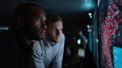 A focused scene where cybersecurity experts analyze a detailed threat map on a large interactive display their expressions serious as they track incoming attacks and coordinate defensive