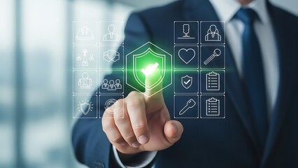 Businessman touching glowing shield icon on digital interface for cybersecurity and data protection concept of information security and privacy in corporate business