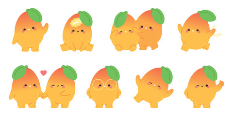 Obraz premium Mango characters. Cute sweetie mangoes, funny children mascots. Isolated fruits smiling, hugging, running. Fresh fruit in love, friends, racy vector clipart