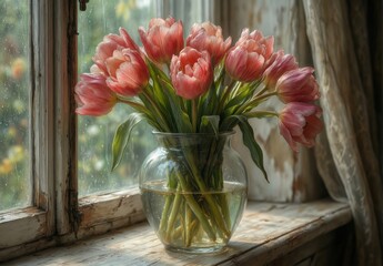 soft pink tulips in a glass vase on a rustic windowsill with blurred garden view.