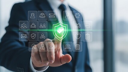 Professional businessman interacting with virtual security shield on a holographic dashboard representing corporate data safety and cybersecurity infrastructure