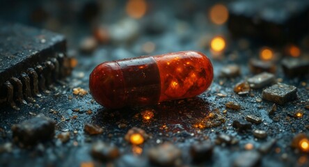 glowing red pill on circuit board with digital debris and bokeh lights, concept of technology and medicine.