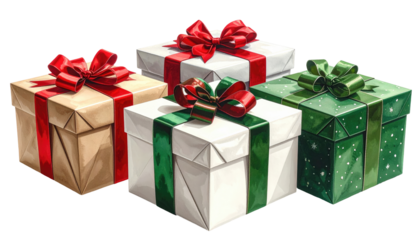 Several gift boxes are shown, wrapped in festive paper, with matching ribbons. There are red and green bows