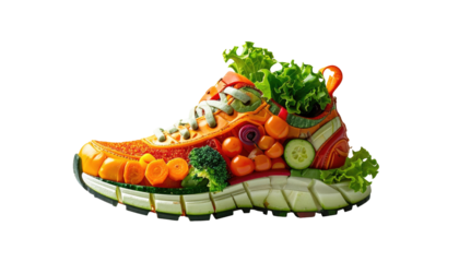 A vibrant running shoe constructed entirely from fresh fruits and vegetables against a stark black background