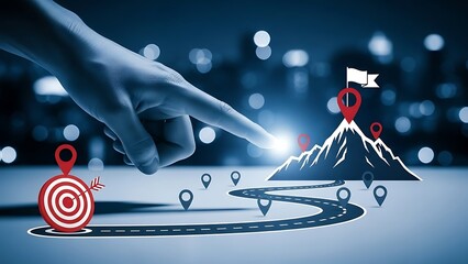 Businessman hand pointing at mountain peak with target and winding road, conceptual image for goal setting, strategic planning and career success journey.