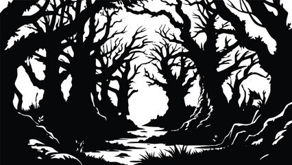 Black and White Dark Forest Woods Silhouette Scene Wallpaper