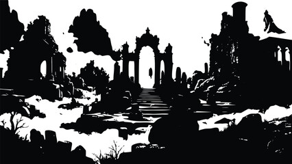 Black and White Ancient Ruins Gate Fantasy Landscape Scene Wallpaper