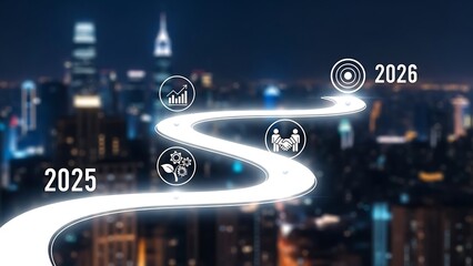 A glowing digital path winding through a cityscape from 2025 to 2026 with icons for growth, gears, and partnership, showing a strategic business roadmap.