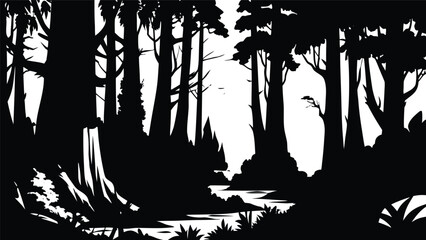 Black and White Forest Woods Nature Silhouette Scene Wallpaper
