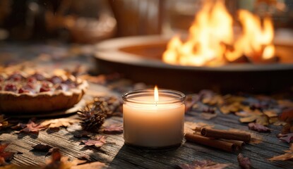A candle flickers on a wooden table, with autumn leaves, pie, and a fire pit
