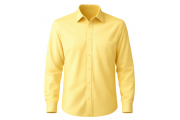 Yellow long sleeve dress shirt mockup with collar and buttons on transparent background, formal apparel template