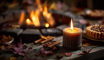A warm autumn scene with a lit candle, foliage, and a small pie