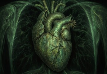 Fototapeta premium detailed anatomical heart with vascular network, medical illustration in dark green tones.